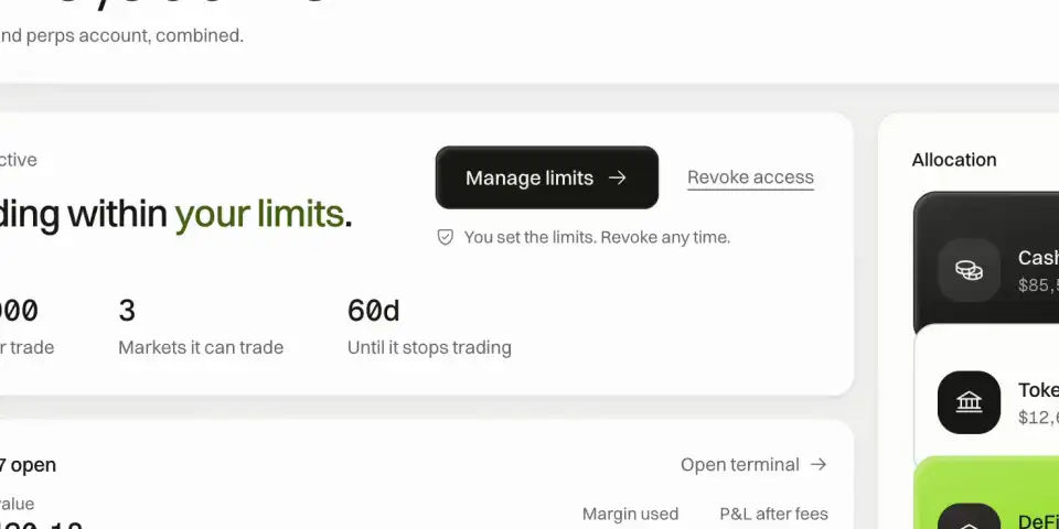 Fensory account panel showing manage limits, revoke access, a per-order cap and allowed markets