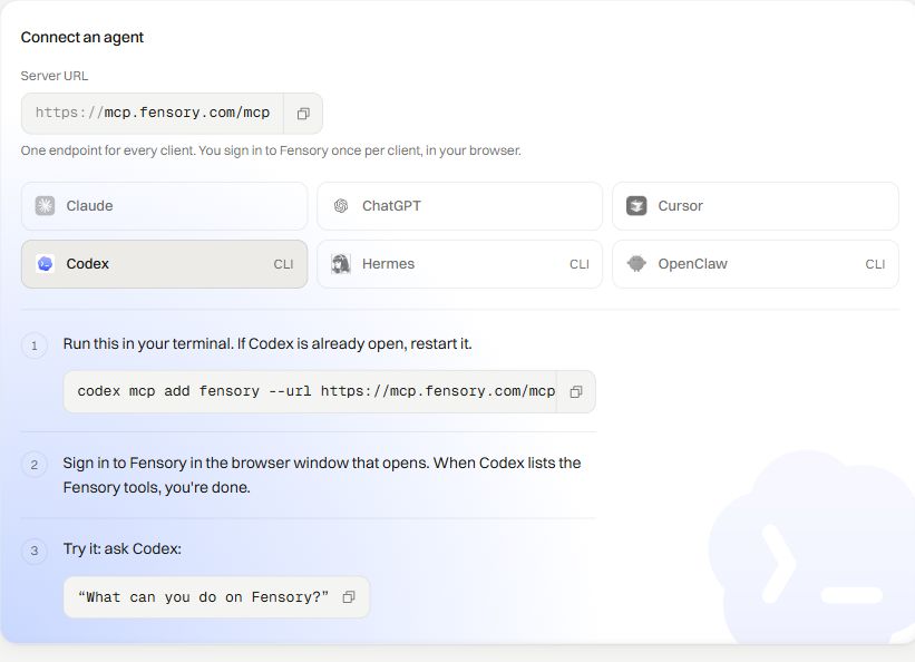Fensory Connect an agent screen with Codex selected and the Codex MCP setup command
